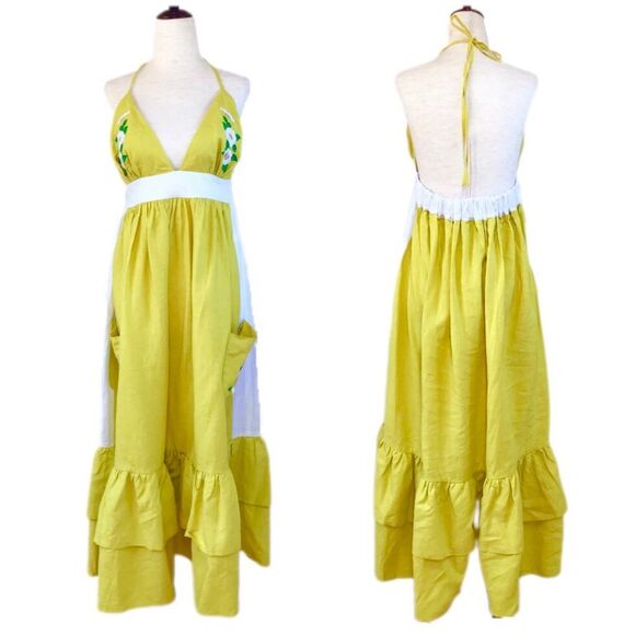 FANM MON Yamile 100% Linen Halter‎ Midi Dress Floral Embroidered Yellow XL New - Picture 2 of 14